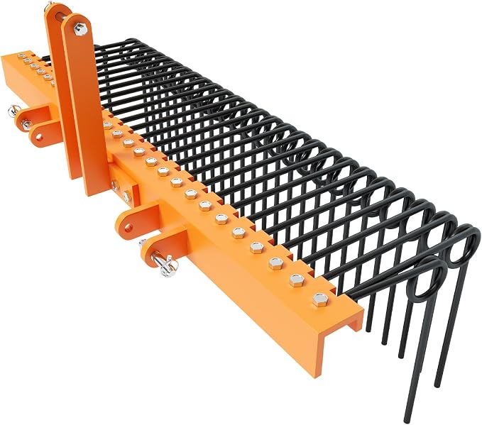 Garvee 60 Inch 3 Point Tractor Rake, Pine Straw Needle Rake | Steel Spring Landscape Rakes Durable Powder Coated Fit for Cat0,Cat1,Cat3 Tractors, Orange