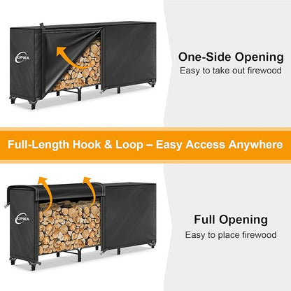Kipiea 8FT Waterproof Firewood Storage Log Rack Cover, Heavy Duty 600D Outdoor Wood Storage Rack Cover with Buckles and Full-Length Hook & Loop Fastener, Tear-Resistant