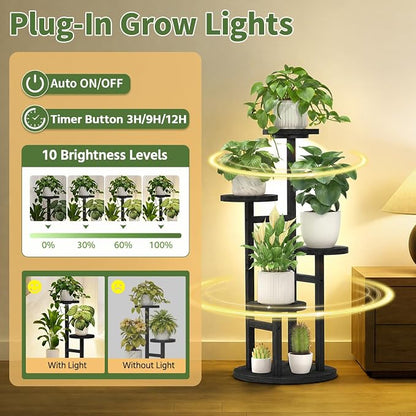 ASZOLA 4 Tiered Wood Plant Stand Indoor Corner with Grow Lights, Flower Holder Rack Tall for Multiple Plants, Rustic Planter Shelf Display for Patio Garden Balcony Living Room, Black