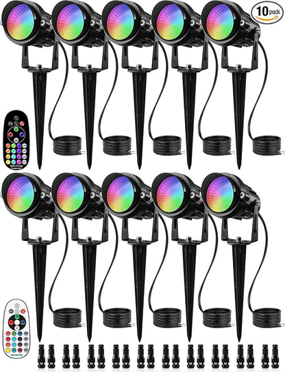 SUNVIE Low Voltage Landscape Lighting RGB Color Changing LED Landscape Lights with Remote Control Waterproof Garden Patio Spotlight Christmas Decoration for Outdoor(10 Pack with Connector)