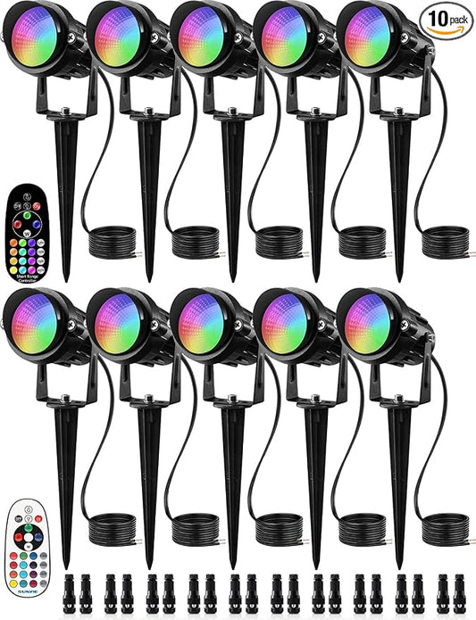 SUNVIE Low Voltage Landscape Lighting RGB Color Changing LED Landscape Lights with Remote Control Waterproof Garden Patio Spotlight Christmas Decoration for Outdoor(10 Pack with Connector)