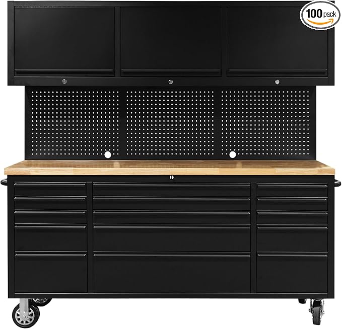 CHETTO C 72 inch Tool Chest Tool Box Mobile 15 Drawers Storage 3 Upper Cabinets SS-Pegboard Rolling Cabinet with Wheels Lock Key Locking System Drawer Liners for Garage Warehouse Repair Shop Black