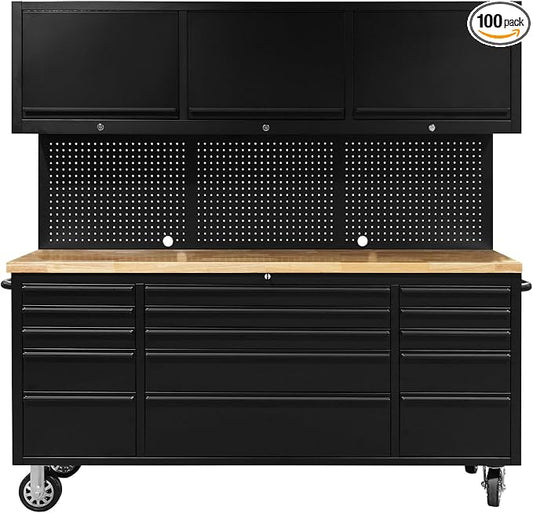 CHETTO C 72 inch Tool Chest Tool Box Mobile 15 Drawers Storage 3 Upper Cabinets SS-Pegboard Rolling Cabinet with Wheels Lock Key Locking System Drawer Liners for Garage Warehouse Repair Shop Black