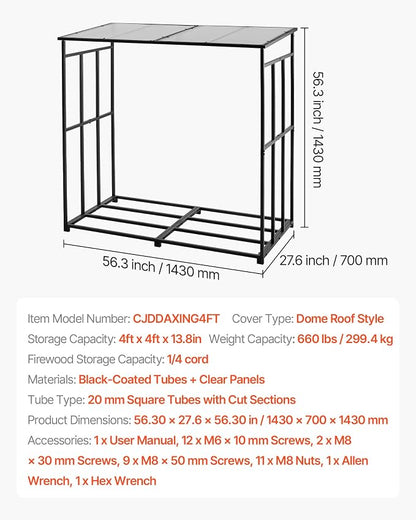 VEVOR Firewood Rack with Sloped Roof, 4 ft Outdoor Firewood Holder, 1/4 Cord Log Storage Shed, 660lb Max Weight Capacity, Powder-Coated Metal Wood Storage Rack for Fireplace Deck Backyard Garden