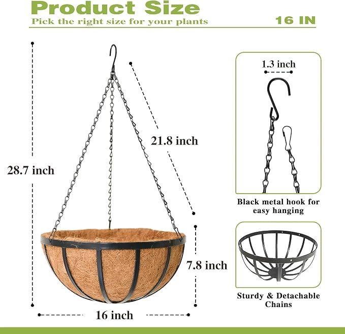 16 Inch Black Flat Iron Metal Hanging Planter Basket with Coco Coir Liner(4 Pack) Hanging Planters for Outdoor Plants Hanging Baskets for Plants Flower Pots for Deck Patio Porch Garden Balcony