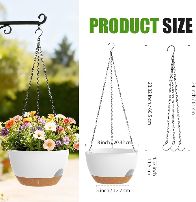 8 Inch Hanging Planters for Indoor Outdoor Plants, 4 Pack White Brown Plastic Self Watering Hanging Baskets with Drainage Holes and Chain for Garden Porch