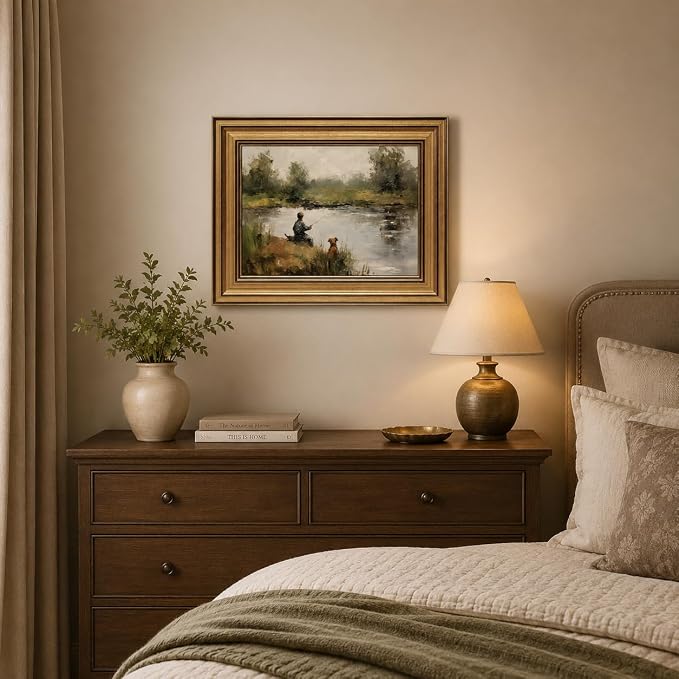 Devunaty Gold Framed Vintage Wall Art Boy Fishing Wall Decor Paintings Funny Dog and Boy Landscape Canvas Print Picture Retro Country Farmhouse Artwork for Kids Bedroom Living Room Decor 9"x11"