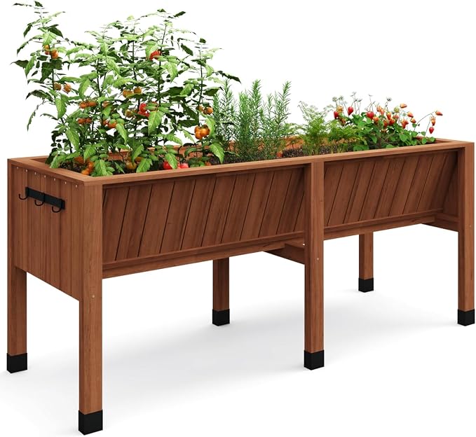 KYBOLT 72x26x31 Inch Raised Garden Bed with Legs, 13.7In Depth Wooden Planter Box for Outdoor Growing Vegetables and Herbs, Elevated Garden Bed with Hooks for Backyard, Patio, Balcony