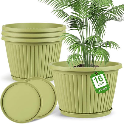 16-inch-Large-Planters-for-Outdoor-Plant，Plastic Indoor Flower Pots with Drainage Holes & Saucer，4 Packs Decorative Garden Pots for Plantfor Home Porch Decor