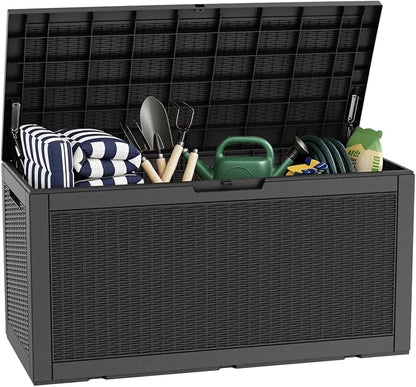 100 Gallon Deck Box, Waterproof Resin Rattan Outdoor Storage Box Lockable for Patio Furniture, Fade Resistant Patio Side Table & Organizer for Garden Tools, Pool Float, Outdoor Cushions, Black