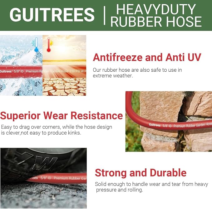 Guitrees 50FT 3/4 Heavy Duty Rubber Garden Hose - 300psi Working, 1000psi Burst - Hot/Cold Water - Five-Layered Braiding for Durability - Versatile for Gardening, Agriculture, Construction(Red)