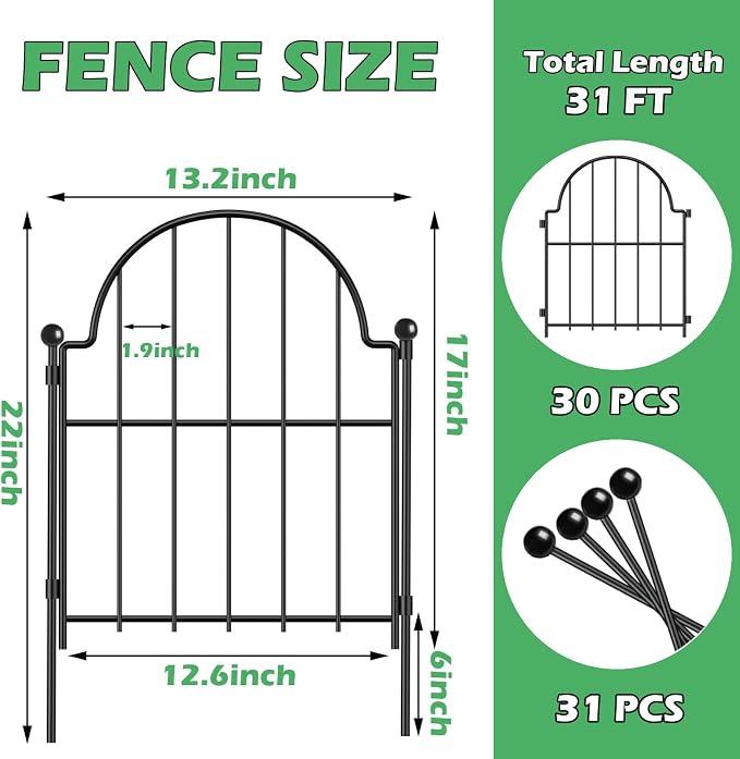 30 Pack Decorative Garden Fence, 17 in(H) x 31 ft(L) Arched Metal No Dig Fence, Ground Stake Animal Barrier Fence for Rabbit Dog, Outdoor Decor for Yard & Patio, Flower Bed Edging