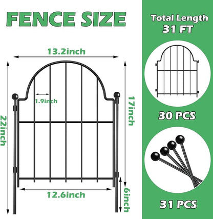 30 Pack Decorative Garden Fence, 17 in(H) x 31 ft(L) Arched Metal No Dig Fence, Ground Stake Animal Barrier Fence for Rabbit Dog, Outdoor Decor for Yard & Patio, Flower Bed Edging