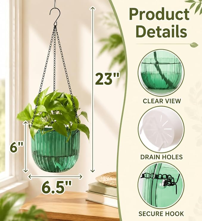 Pumtus 3 Pack Hanging Planters for Indoor Plants, 6.5 Inch Self Watering Flower Pot with Drainage Hole, Plastic Hanging Basket with 3 Hooks Chains, Plant Holder for Outdoor Plants, Herbs (3 Colors)