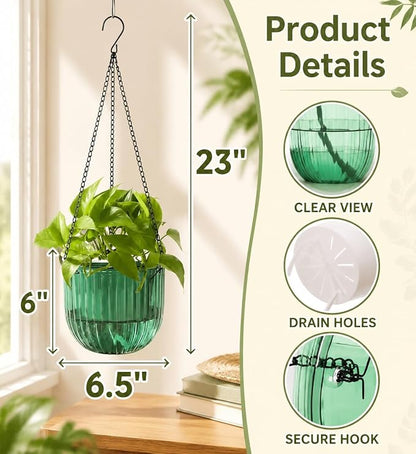 Pumtus 3 Pack Hanging Planters for Indoor Plants, 6.5 Inch Self Watering Flower Pot with Drainage Hole, Plastic Hanging Basket with 3 Hooks Chains, Plant Holder for Outdoor Plants, Herbs (3 Colors)