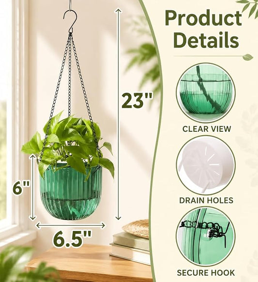 Pumtus 3 Pack Hanging Planters for Indoor Plants, 6.5 Inch Self Watering Flower Pot with Drainage Hole, Plastic Hanging Basket with 3 Hooks Chains, Plant Holder for Outdoor Plants, Herbs (3 Colors)