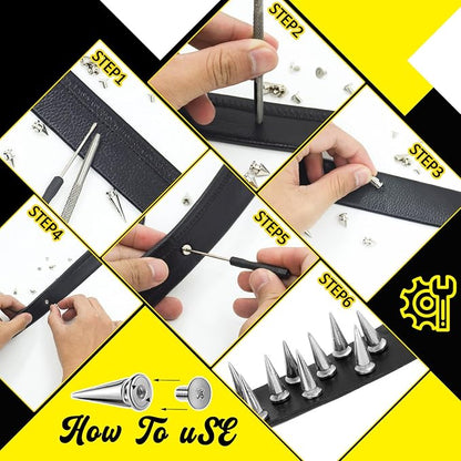 RYKOMO 354 Sets Punk Spikes and Studs Kit,Metal Tree Spikes Studs 8 Sizes, Cone Spike and Studs Rivets for Leather Craftsmanship, Punk Style Clothing, Jackets, Shoes, Belt Bags, Dog Collars