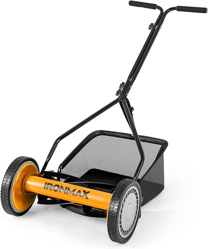 Goplus Manual Lawn Mower, 14 Inch 5-Blade Walk-Behind Cordless Grass Cutter with 7 Gallon Removable Grass Collect Bag, Adjustable Cutting Heights, Push Reel Lawn Mower for Yard, Garden