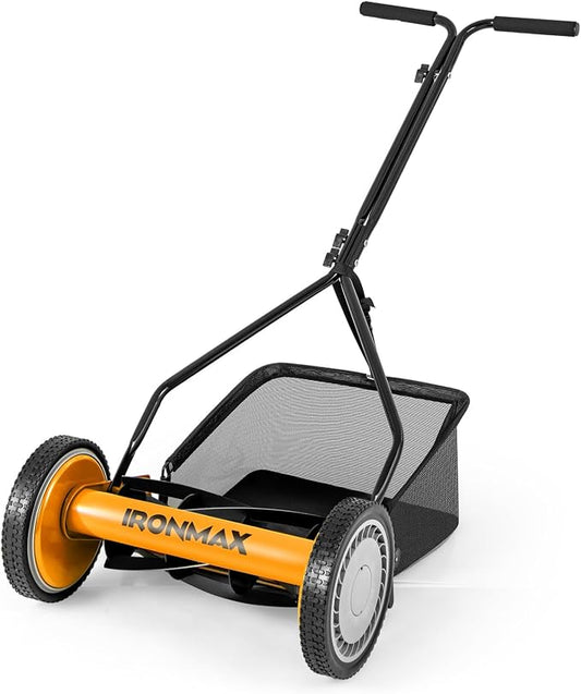 Goplus Manual Lawn Mower, 14 Inch 5-Blade Walk-Behind Cordless Grass Cutter with 7 Gallon Removable Grass Collect Bag, Adjustable Cutting Heights, Push Reel Lawn Mower for Yard, Garden