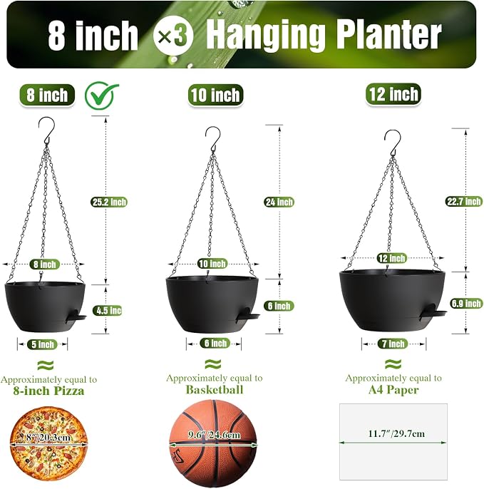 8 Inch Self Watering Hanging Planters Set of 3 with Saucers | Set of 3 8-inch self-watering hanging planters with side-fill watering ports, chain hangers & snap-on saucers