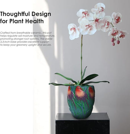 6.5 inch Green Ceramic Flower Pot with Bird Patterns,Indoor Outdoor Planter for Succulents Plants, Modern Home Garden Decor