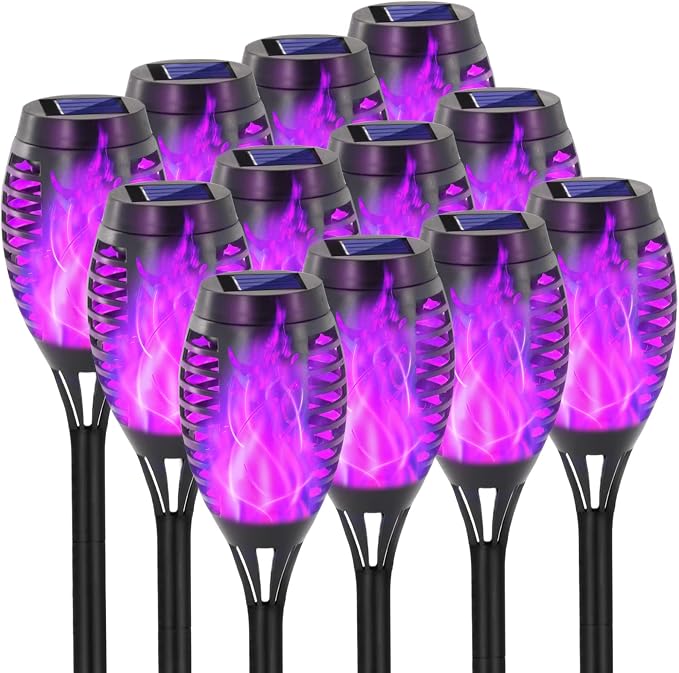 EOYIZW Solar Lights Outdoor, Halloween Decorations 12 Pack Purple Solar Torches for Outside, Torch Light with Flickering Flame Landscape Outdoor Lights for Yard Patio Garden
