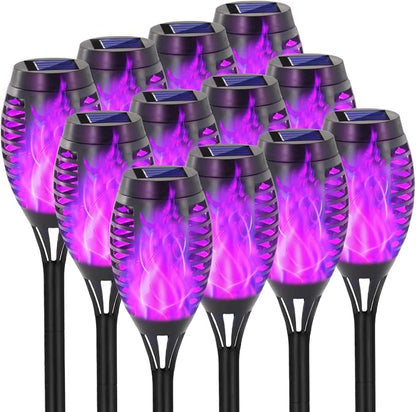 EOYIZW Solar Lights Outdoor, Halloween Decorations 12 Pack Purple Solar Torches for Outside, Torch Light with Flickering Flame Landscape Outdoor Lights for Yard Patio Garden