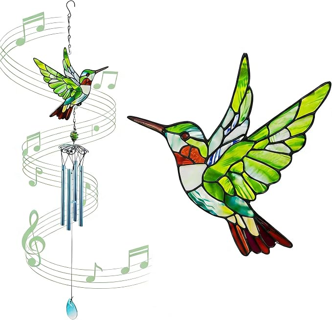Wind Chimes for Outside, Green Stained Glass Hummingbird Wind Chime, Deep Tone Memorial Gifts for Women Mom Grandma, Durable Metal Garden Patio Yard Window Decoration