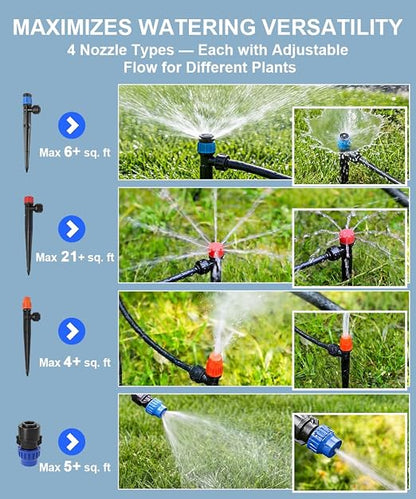 1/2" Drip Irrigation System Kit with 30 Adjustable Nozzles, PE UV-Resistant | Quick-connect, 2X Lifespan of PVC , Leak-Proof for Indoor Pots, 26FT 1/2" Main tube+ 100FT 1/4" Tube, 4 Nozzle Types