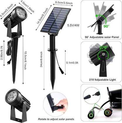 Green Solar Spot Lights Outdoor, 2 Pack Solar Landscape Spotlights IP65 Waterproof 9.8ft Cable, Auto On/Off Outdoor Wall Lights for Garden Yard Driveway Porch Walkway Pool (1-in-1)