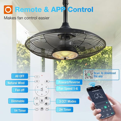 addlon Outdoor Ceiling Fan with Light for Patios, 20" IP65 Waterproof Gazebo Fan Remote&APP Control, 6 Speeds, 3CCT Dimmable, Plug in Ceiling Fan with Hook Hanging Caged Fan for Pergola Porch Canopy