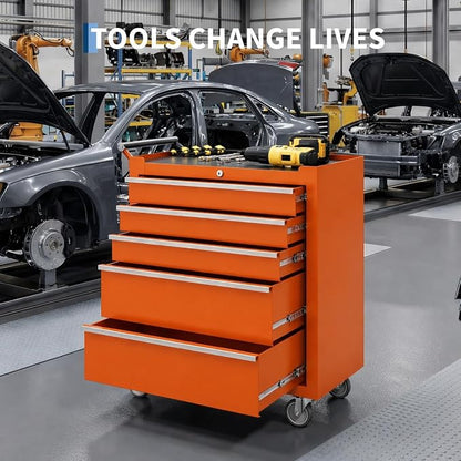 IDEALHOUSE Rolling Tool Chest, 5 Drawers Tool Storage Cabinet, Toolbox with Wheels, Portable Tool Cabinet Organizer with Locking System & Drawer Liners, Tool Storage Cart for Garage, Workshop, Orange