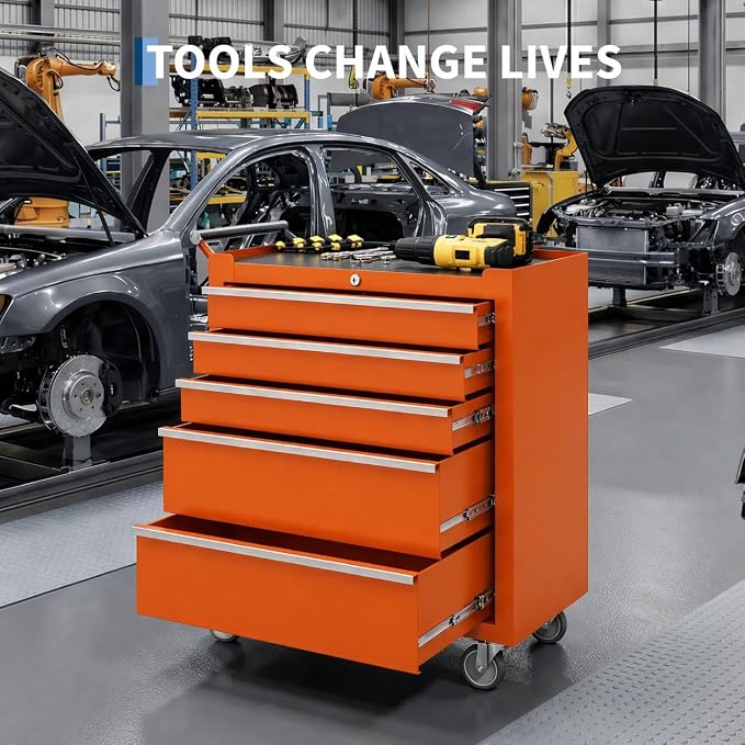 Garvee Rolling Tool Chest, 5 Drawers Tool Storage Cabinet, Toolbox with Wheels, Portable Tool Cabinet Organizer with Locking System & Drawer Liners, Tool Storage Cart for Garage, Workshop, Orange