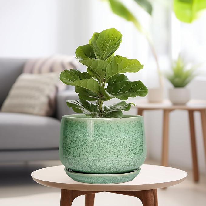G EPGardening Ceramic Planter - 9 Inch Plant Pot with Drainage Hole and Saucer, Modern Round Planter, Flower Pot for Indoor Outdoor Plants, Garen House Room Decor, Housewarming Gifts, Green