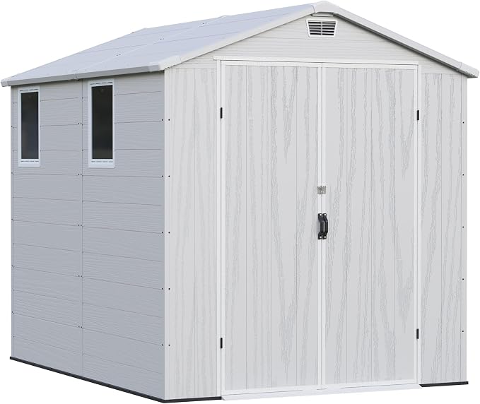 Greesum 6x8FT Plastic Outdoor Storage Shed with Floor, Resin Sheds with Lockable Double Door, Tool Sheds with Window and Vents, for Garden, Yard, Patio, Light Gray