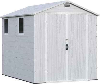 Greesum 6x8FT Plastic Outdoor Storage Shed with Floor, Resin Sheds with Lockable Double Door, Tool Sheds with Window and Vents, for Garden, Yard, Patio, Light Gray