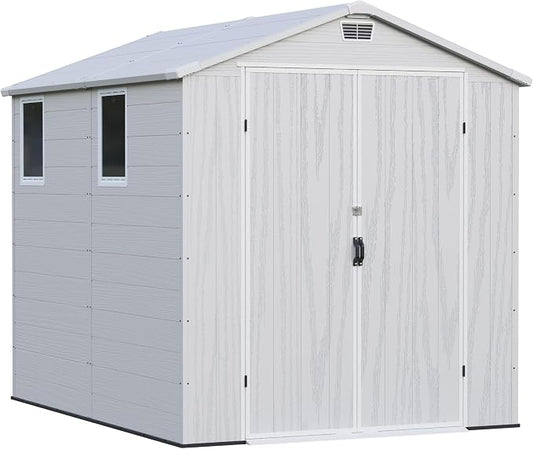 Greesum 6x8FT Plastic Outdoor Storage Shed with Floor, Resin Sheds with Lockable Double Door, Tool Sheds with Window and Vents, for Garden, Yard, Patio, Light Gray
