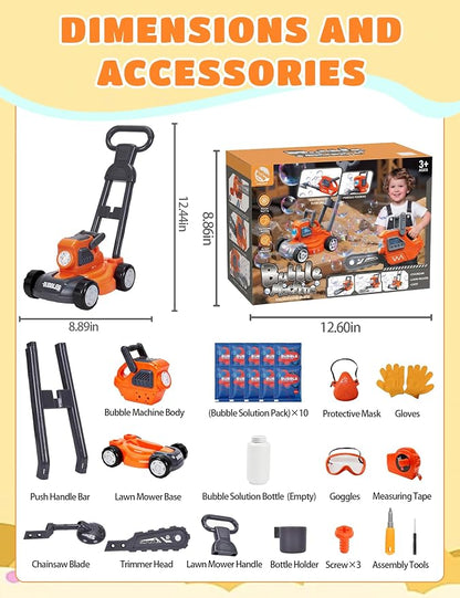 3-in-1 Bubble Lawn Mower for Kids, Electric Bubble Blower with 10 Bubble Solution, Includes Goggles Mask Gloves Ruler, Summer Bubble Toy for Kids