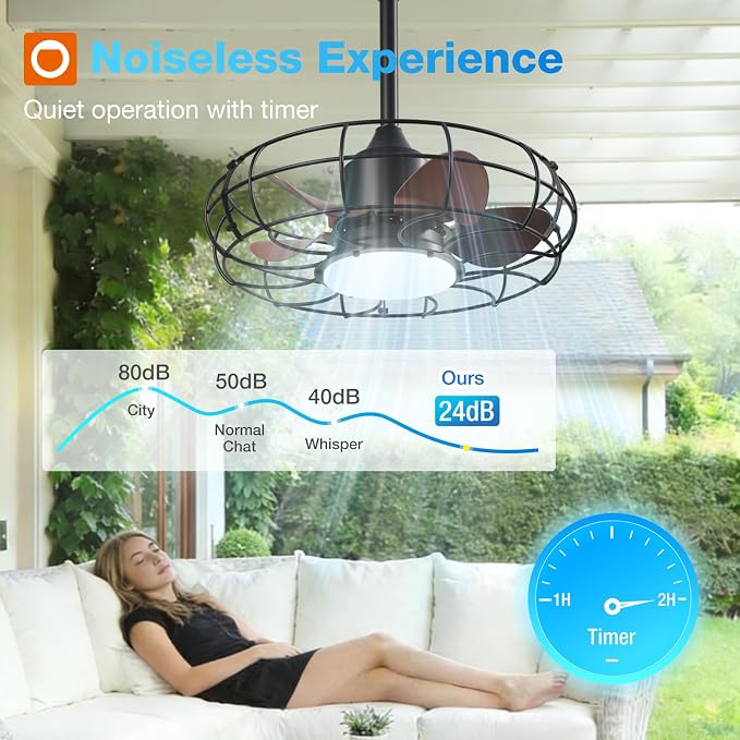 addlon 20 Inch Outdoor Ceiling Fan with Light for Patio, IP65 Waterproof Plug in Caged Hanging Fan, Remote Control, 3000-6000K Dimmable, 6 Speeds Reversible Outdoor Fan for Gazebo, Pergola, Porch