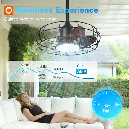 addlon 20 Inch Outdoor Ceiling Fan with Light for Patio, IP65 Waterproof Plug in Caged Hanging Fan, Remote Control, 3000-6000K Dimmable, 6 Speeds Reversible Outdoor Fan for Gazebo, Pergola, Porch