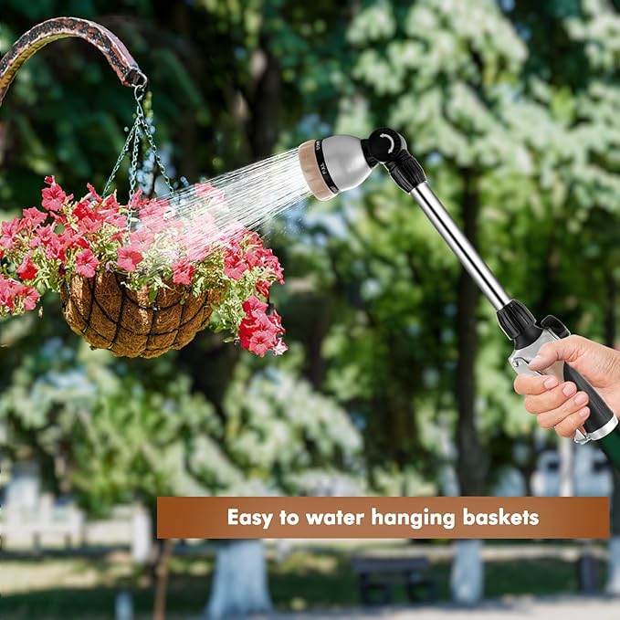 RESTMO Heavy Duty Metal Hose Wand, Watering Wand for Garden Hose | 180° Swivel Ratcheting Head, 16'' Hose Sprayer, 7 Spray Patterns, Flow Control, Ideal for Hanging Baskets & Shrubs, Gold