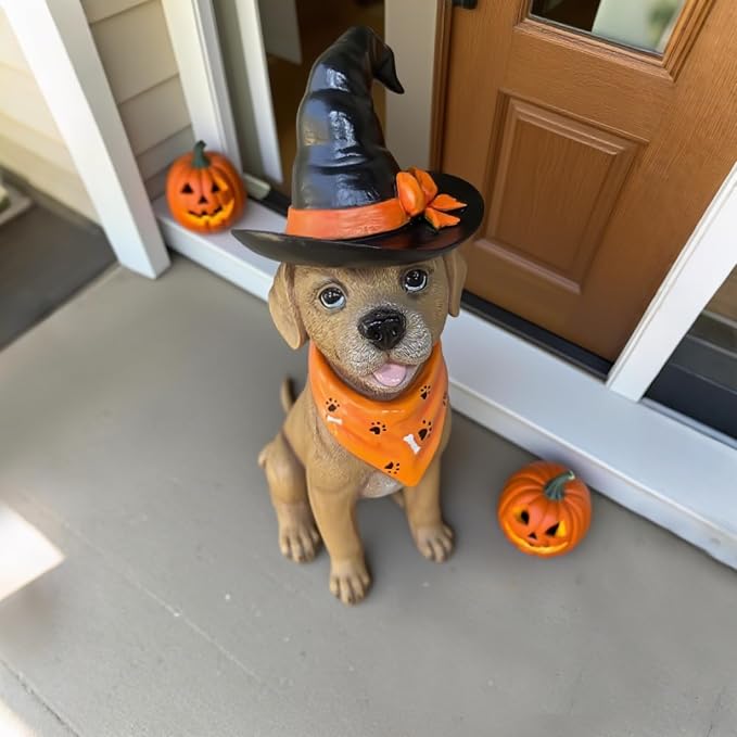 Holiday Decorations Indoor Dog Statue - Halloween Decor Figurine for Outdoor Indoor Mysterious Christmas Tabletop Puppy Sculpture Witch hat, Spooky Gifts Ghost Garden Decorations Rottweiler 5x7x13INCH
