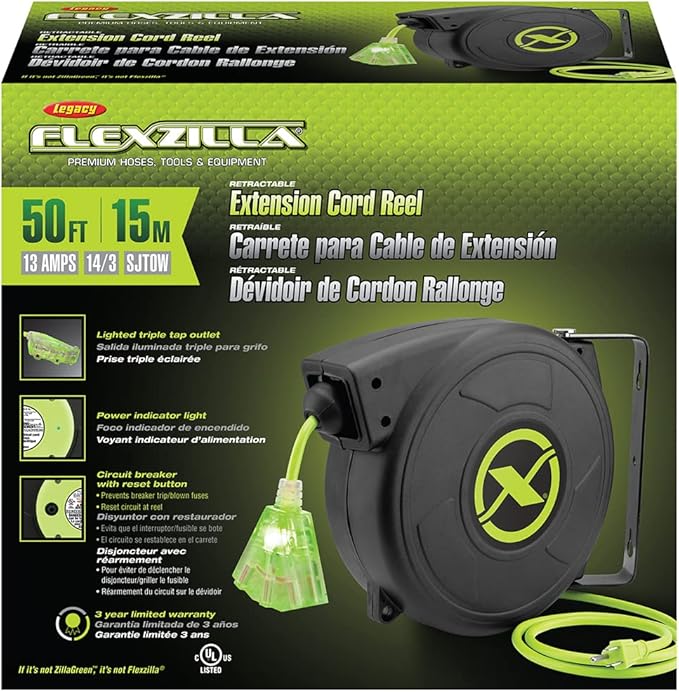 Flexzilla Retractable Extension, 14/3 AWG SJTOW, 50', Grounded Triple Tap Outlet Electric Cord Reel, ZillaGreen, FZ8140503