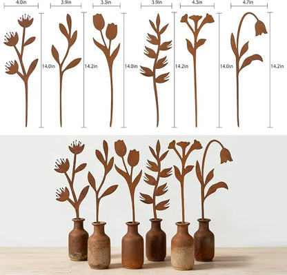 hogardeck Garden Decor for Outside, 6 Pcs Rusty Metal Flower Garden Stakes with Fern Leaf Design for Outdoor Yard Art, Rustic Plant Stakes for Flower Bed, Pot, Vase