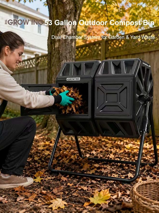 THE Growing 53 Gallon Large Outdoor Compost Bin Tumbler Barrel, Black | Dual 26.5gal heat-absorbing chambers for bulk waste. Reinforced frame adds stability. Easy outdoor bolt frame assembly.