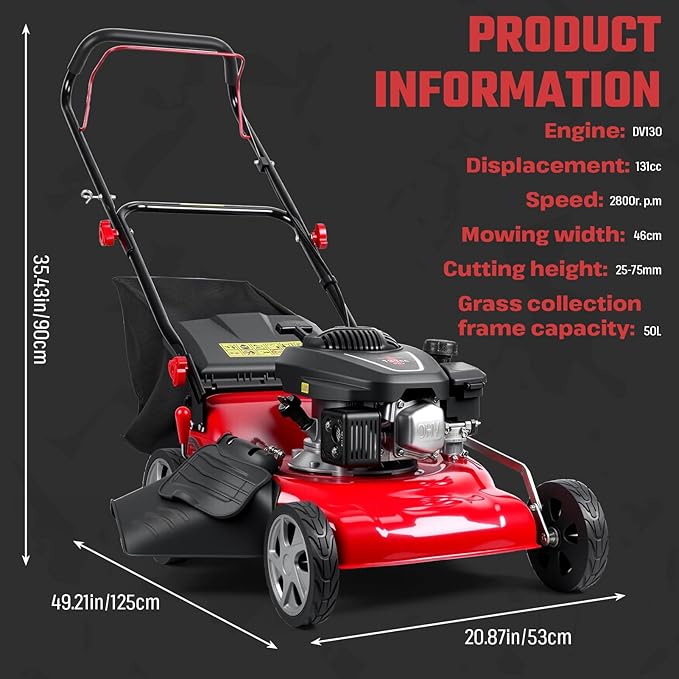 Lawn Mower Gas Powered, Gas Mower with 50l Grass Bag Big Wheels, 131cc Gas Engine 3 in 1 Mulching, Bagging & Side Discharge Self Propelled Walk-Behind Push Mower for Hills 2850RPM (Red)