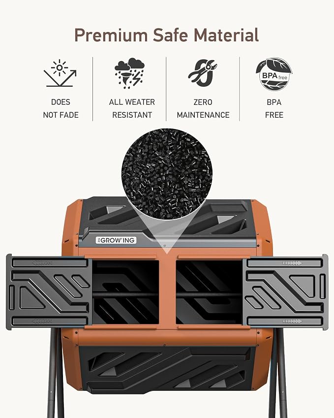THE Growing 43 Gal Outdoor Compost Bin Tumbler with Thermometer, Orange | Dual 21.5gal chambers for backyard recycling. Pre-embedded nuts for quick assembly. Resin panels deter pests and odors.