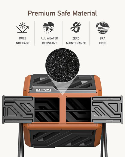 THE Growing 43 Gal Outdoor Compost Bin Tumbler with Thermometer, Orange | Dual 21.5gal chambers for backyard recycling. Pre-embedded nuts for quick assembly. Resin panels deter pests and odors.