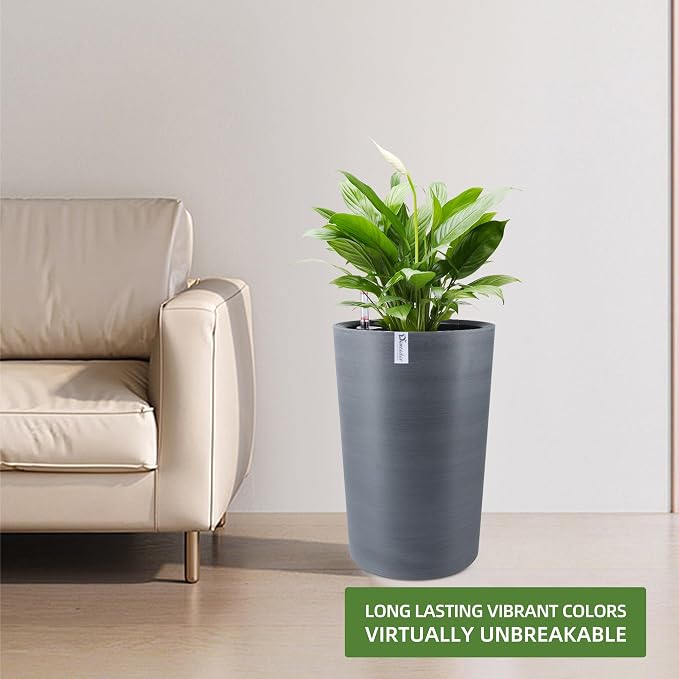 Dexceder 16x12 Self Watering Tall Planter (Gray, Wire Drawing) | High Cylinder, Thickened Large Floor Standing Flower Plant Pot with Water Level Indicator Indoor Outdoor