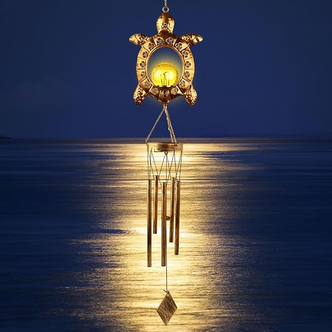Sea Turtle Solar Lights Outdoor Decor Crackle Glass Ball Solar Turtle Wind Chimes for Outside Unique Gifts for Women Birthday Gardening Gift Housewarming Ornament for Patio Yard Garden Decor